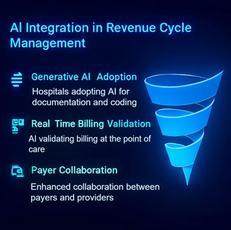 A funnel diagram showing the integration of AI in Revenue Cycle Management, including Generative AI Adoption, Real Time Billing Validation, and Payer Collaboration.
