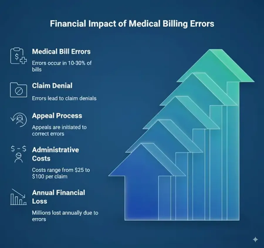 A diagram showing the cascading financial impact of medical billing errors, from initial error to claim denial, appeal process, administrative costs, and annual financial loss.