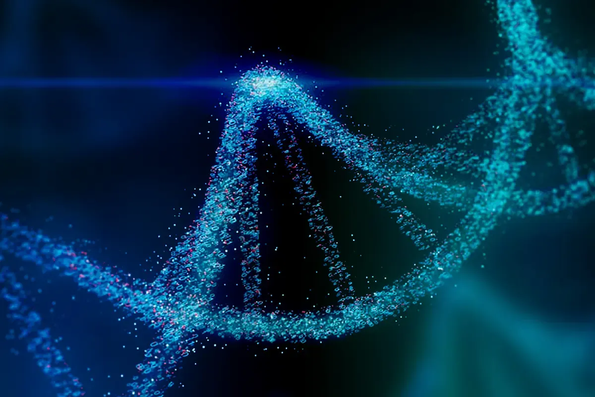 An abstract image of a DNA helix representing biotechnology innovation.