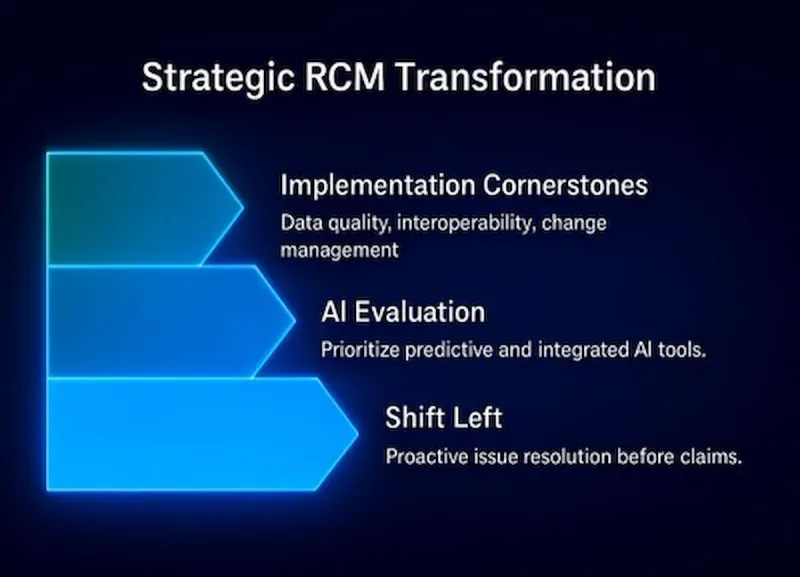 A diagram showing the three stages of Strategic RCM Transformation: Implementation Cornerstones, AI Evaluation, and Shifting Left.