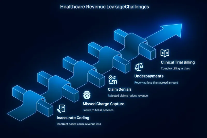 A diagram illustrating the compounding challenges of healthcare revenue leakage, starting from inaccurate coding and leading to clinical trial billing complexities.
